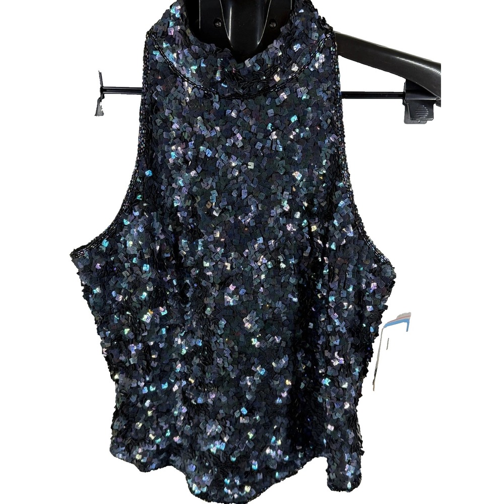 Papell Boutique Evening Iridescent Halter Silk Sequin Mock Neck Top, Size L -NWT